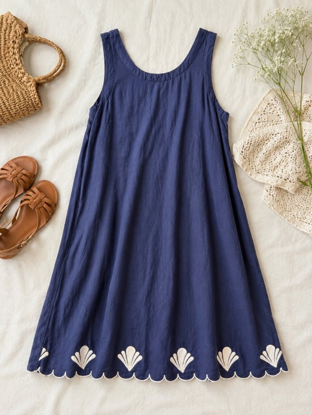 Calypso St. Barth Navy Linen Blend Scallop Hem Shell Dress Small Coastal Boho